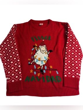 Ugly Christmas Sweater Unisex Red Fleece Navidad Pullover Sheep Lights Size XL